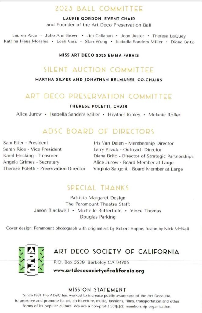 Art Deco Society of California Program for the Art Deco Preservation Ball 2025